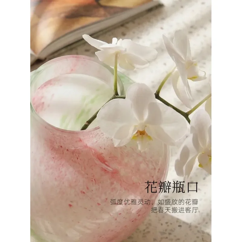 MOOYA Fog Peach French Glass Vase Handmade Ink Dot Big Belly Flower Vase Light Luxury Gentle Ornament for Living Room