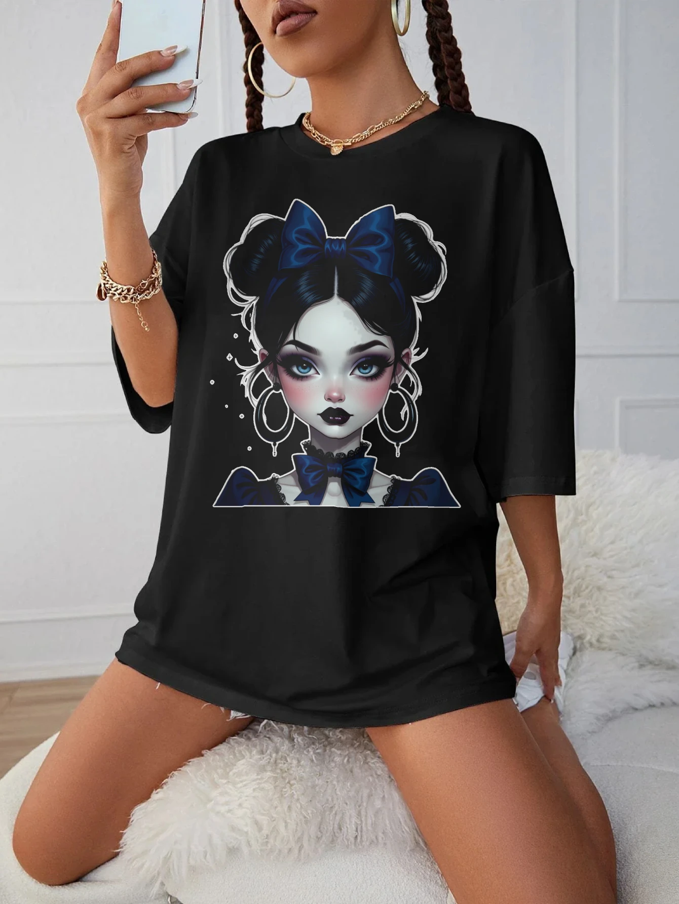 

Midnight-Bow-Girl-Goth Women's Black Loose Fit T-Shirt Round Neck Trendy Maternity Clothing for Late Pregnancy