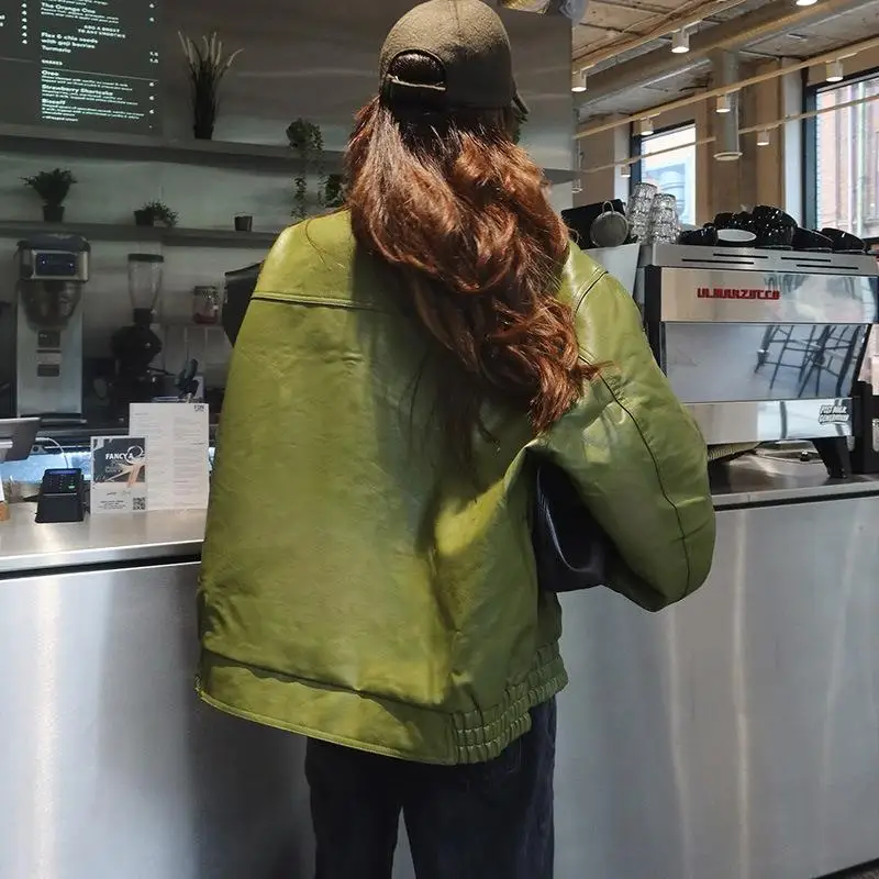 Casual Sle Collar Een Leather Jaet ort Women's Biker Coat Long Sve Autumn Faion Medium Age up No Brand