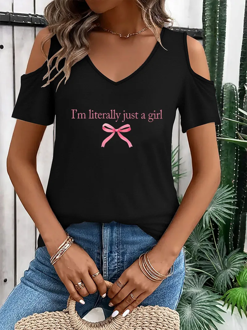 90s I'm Literally Just A Girl V-Neck T-shirt Short Sleeve Graphic V Neck Gothic T Shirt Casual Top for Summer Spring Women