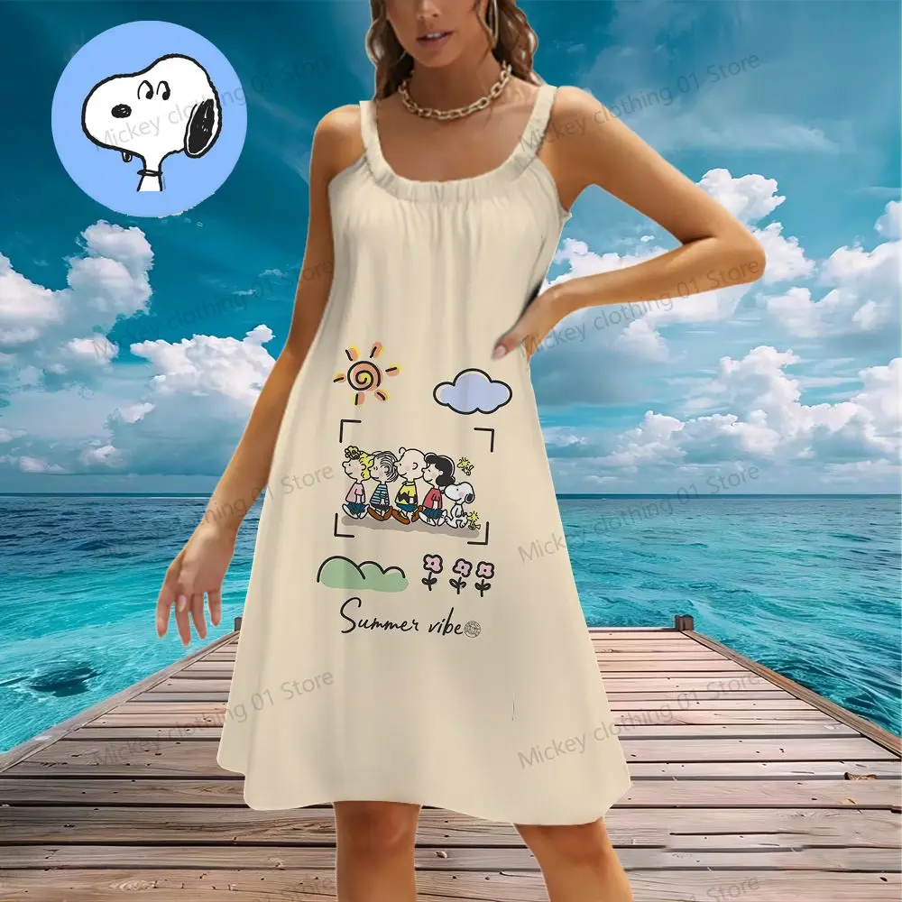 Women's Beach Dresses Snoopy Kawaii 2024 Summer Youthful Woman Clothes Y2k Anime Sanrio Leisure Elegant Chic Dress Boho Sling