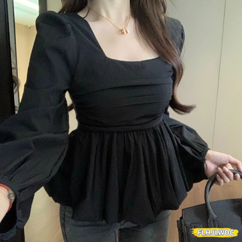 Belly Tunic Peplum Tops Blouses New Design Women Long Sleeve Casual Chic Korea Slim Fitted Black White Basics Shirts