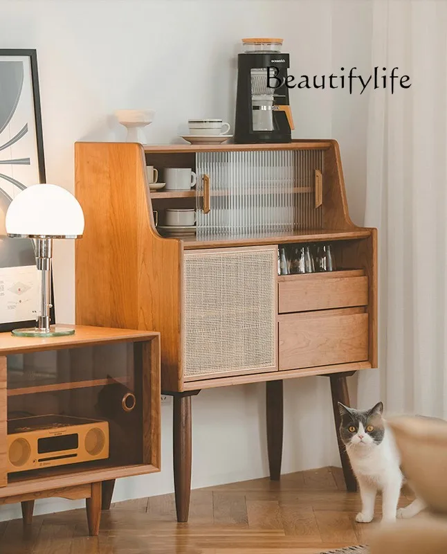 Small apartment solid wood storage bookcase Nordic dining side cabinet Simple multi-functional rattan storage storage cabinet