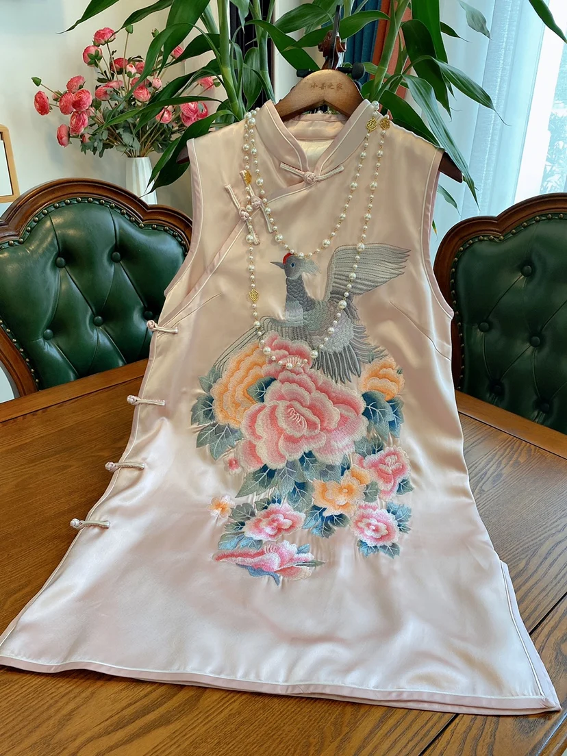 Autumn Sleeveless Mid-Length Vest Heavy Industry Phoenix Embroidery Acetate New Chinese Cheongsam National Style Dress