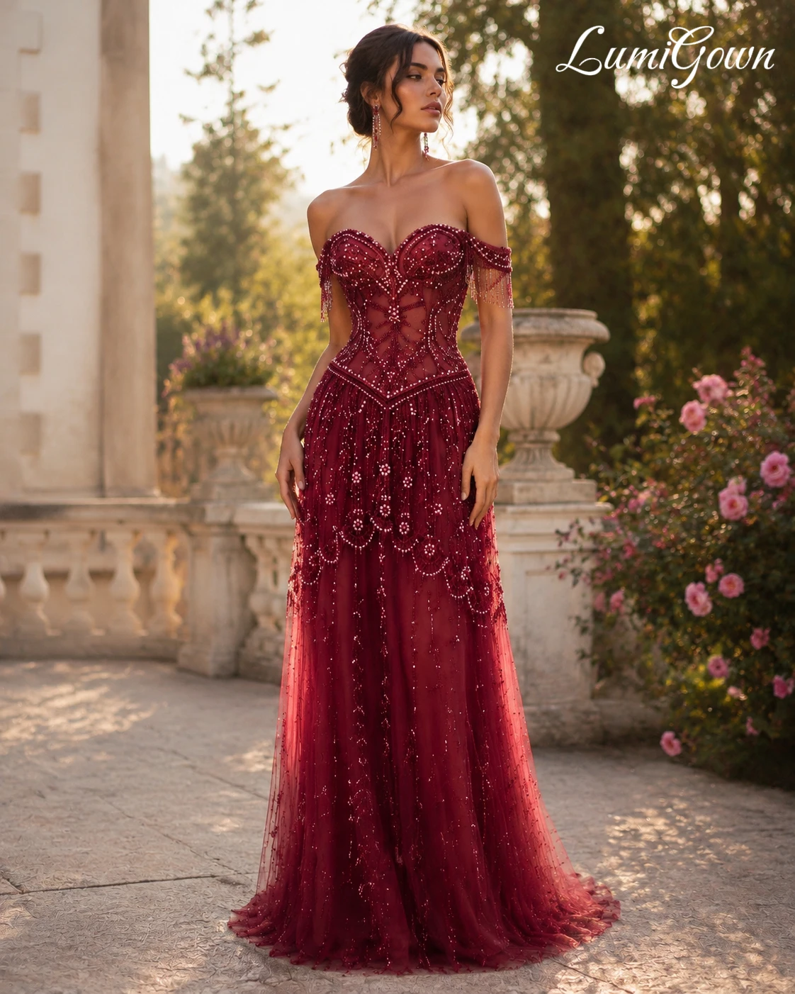 LumiGown Custom Burgundy Off Shoulder Corset Mermaid فستانSparkly Evening Dress Fringe Tassel Beaded Tulle Engagement Party Gown