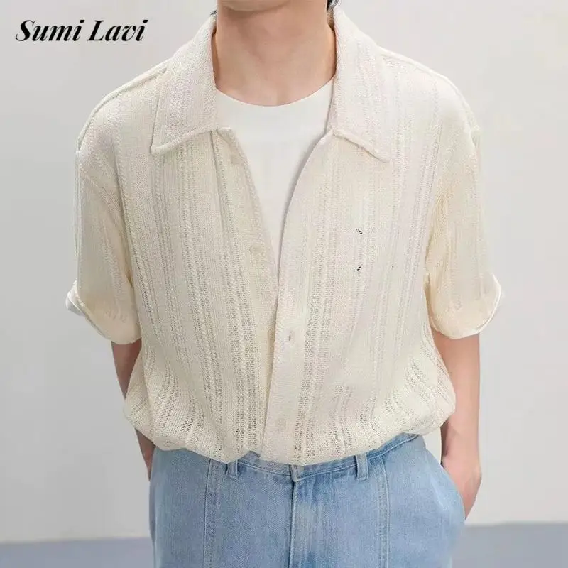 Fashionable Mens Hollow Out Shirt Mesh Knit Short Sleeve Turn-down Collar Buttoned Cardigans For Men Summer Vintage Knitted Top