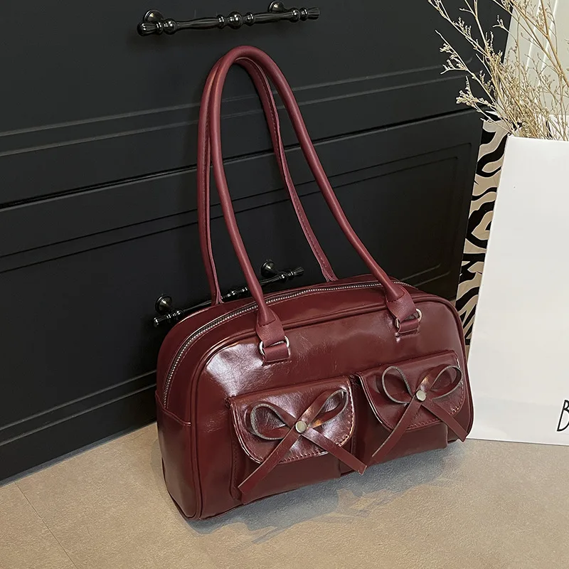 

Винтажная зимняя сумка Y2K из искусственной кожи с бантом в стиле балеткор, универсальная наплечная сумка-багет, ретро-сумка для женщин