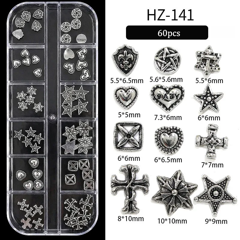 60 Stück/1 Box Retro Metall Kleine Kreuz-Nagelkunst-Anhänger Y2K Gothic Punk Stil Nageldekoration DIY Nagelzubehör Schmuck