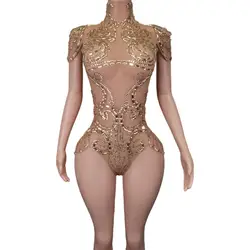 Women See Through Crystal Bodysuit Club Birthday Leotard Dancer Playsuit Performance Wear Sexy Mesh Rhinestone Jumpsuit Yangjiao