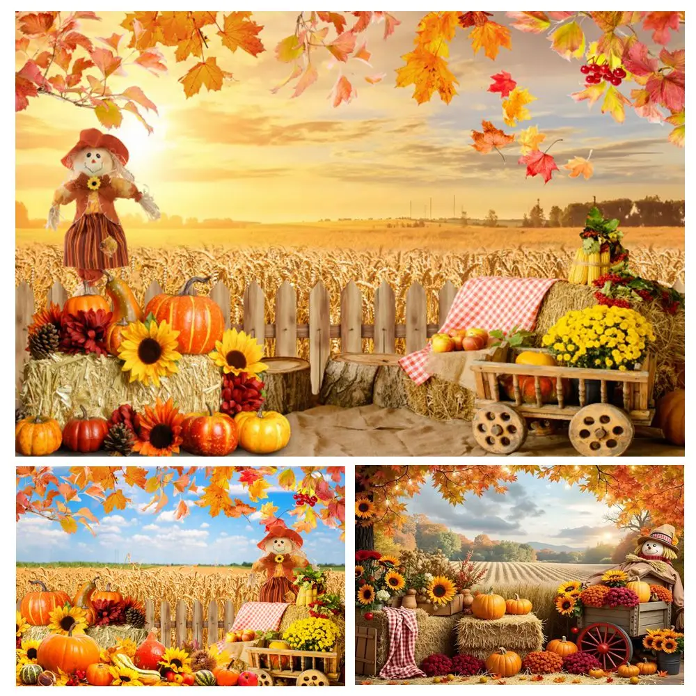 

Fall Backdrop Autumn Harvest Hay Maple Leaves Baby Shower Birthday Party Thanksgiving Party Photography Background Photostudio