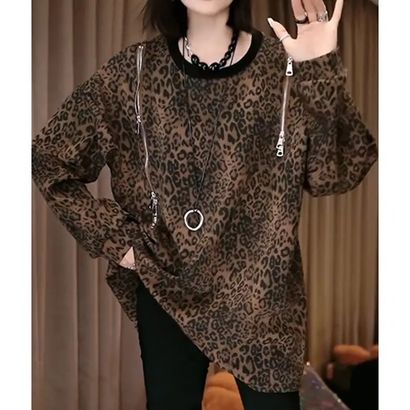 Women's Clothing Y2K Leopard O-neck T-Shirt Spring New Loose Chic Zipper Long Sleeve Vintage T-Shirt