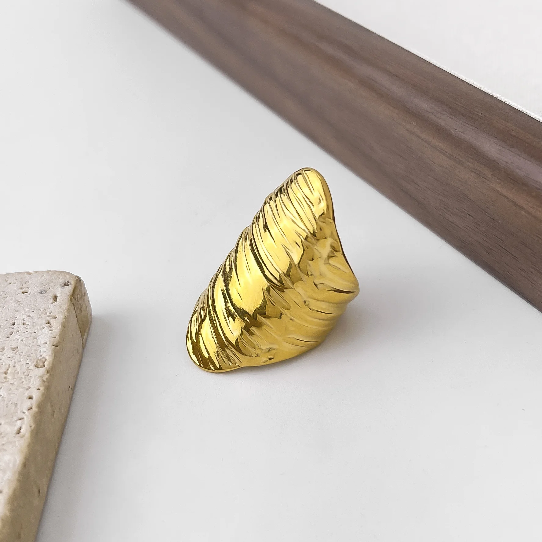 Gold Color Irregular Metal Wide Opening Ring For Women Girls Exaggerated Stainless Steel Finger Vintage Jewelry Waterproof Gifts