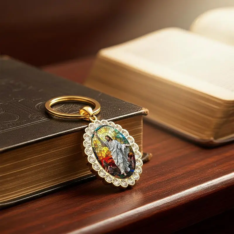 Rhinestone Embellished Keychain Gold Plated Stained Glass Style Unique Religious Gift for Baptism Party Favor Souvenir