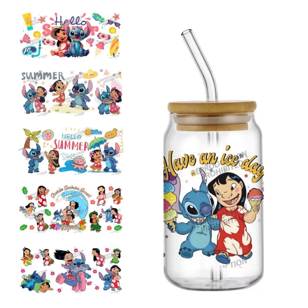 Funko Hochwertiger Cartoon Stitch Sommer-Aufkleber, Leicht Abziehbarer Transfer-Sticker, DIY-Becher 16oz Libbey Gläser, Waschbare UV-DTF-Becherfolie