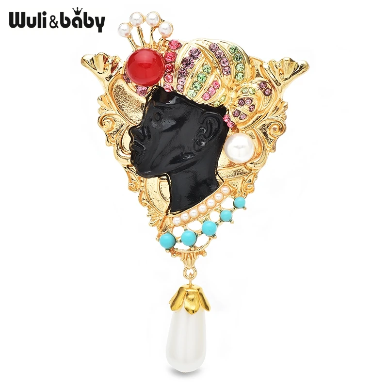 Wuli & baby أفريقيا سيدة جميلة دبابيس للنساء للجنسين ملابس ساحرة تاج المرأة شخصية حفلة السببية بروش دبابيس الهدايا
