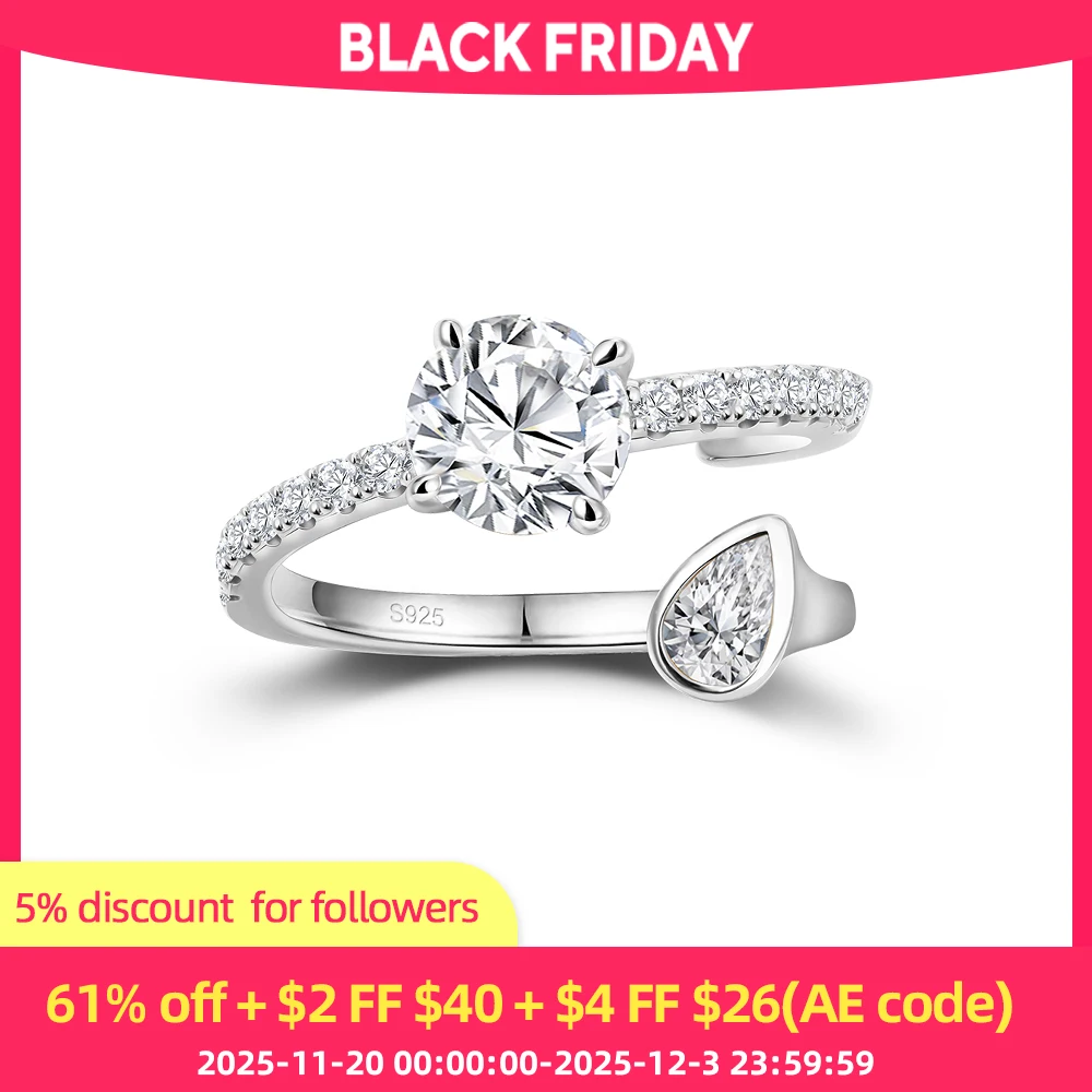 

ANDH D Color Round & Pear-Cut Moissanite Open Ring for Women Unique Adjustable Design Engagement Wedding Rings Fashion Jewelry