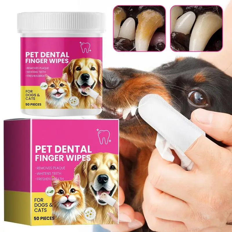 Dog Teeth Wipes Tooth Brushing Kit Oral Care Wipes 50X Dog Tooth Wipes Cleaning Wipes Dog Finger Toothbrush Teeth Stain Remover