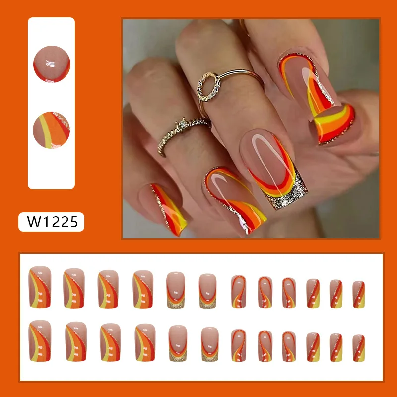 

24Pcs Long Square Press on Nails - Red Yellow Orange Color Block with Wave Glitter Border Design False Nail For Women Girl