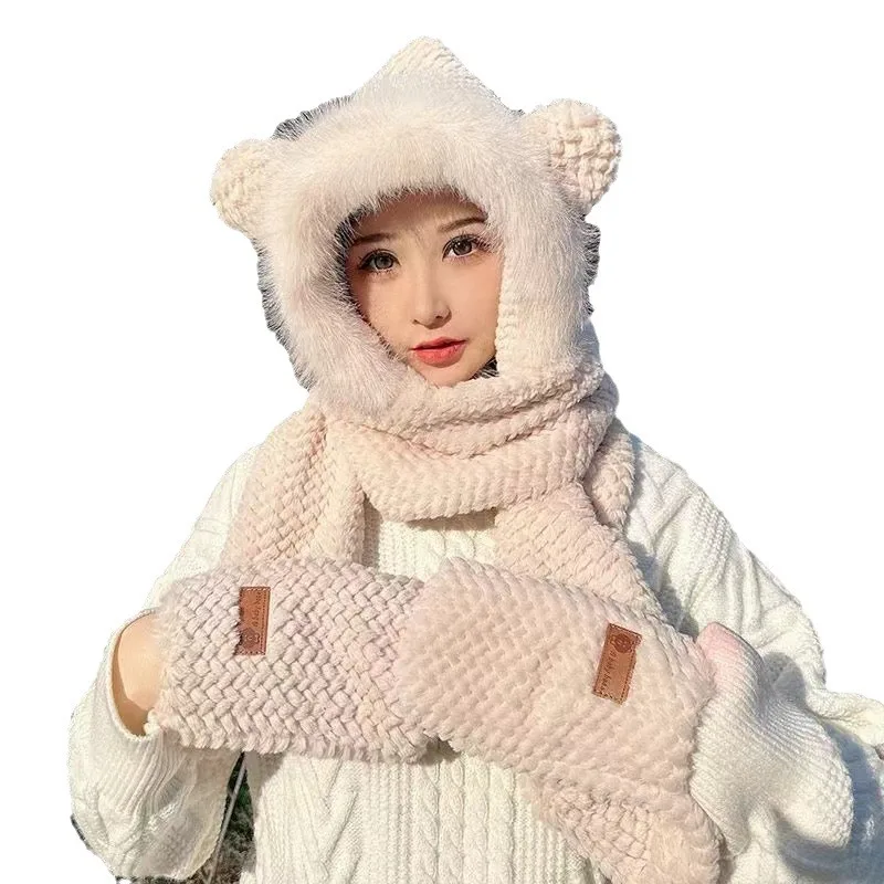 Ensemble trois pièces oreilles mignonnes pour femmes, chapeaux, gants, écharpe, chapeau chaud et polyvalent, ensemble une pièce en peluche, automne et hiver, vente en gros