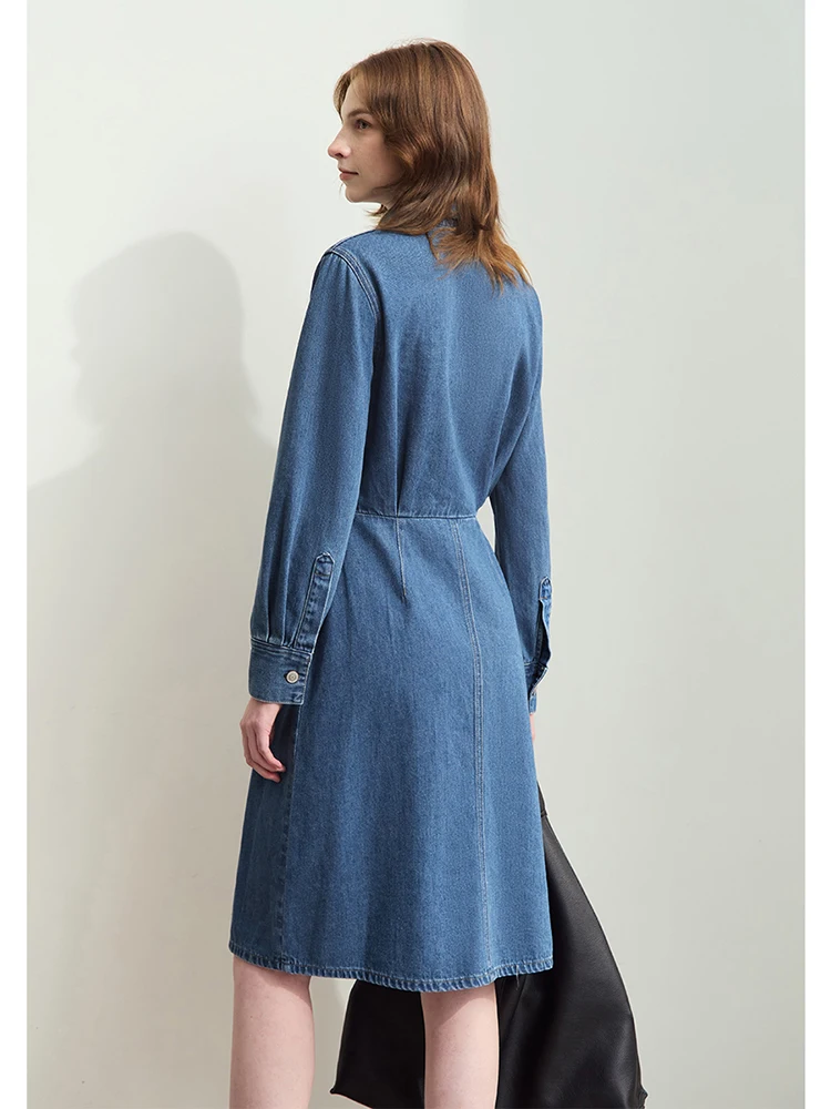 AMII Minimalism Women Denim Dresses 2024 Autumn New Lapel Letter Embossing Shirt-style Dress Lady Casual Dress 12423044