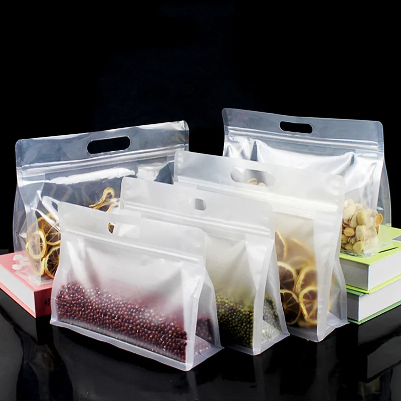 

50PCS 3D Portable Clear/Frosted Plastic Handle Bags Resealable Snack Coffee Tea Dried Fruits Dates Nuts Gifts Packaging Pouches