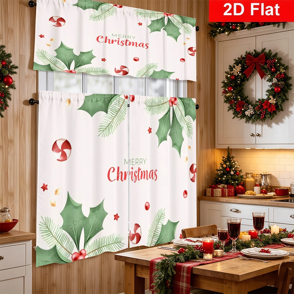 Christmas Kitchen Curtains, Holly Candy Cane Peppermint, Digital Print, Kitchen Dining Room, Rod Pocket Polyester, Home Decor
