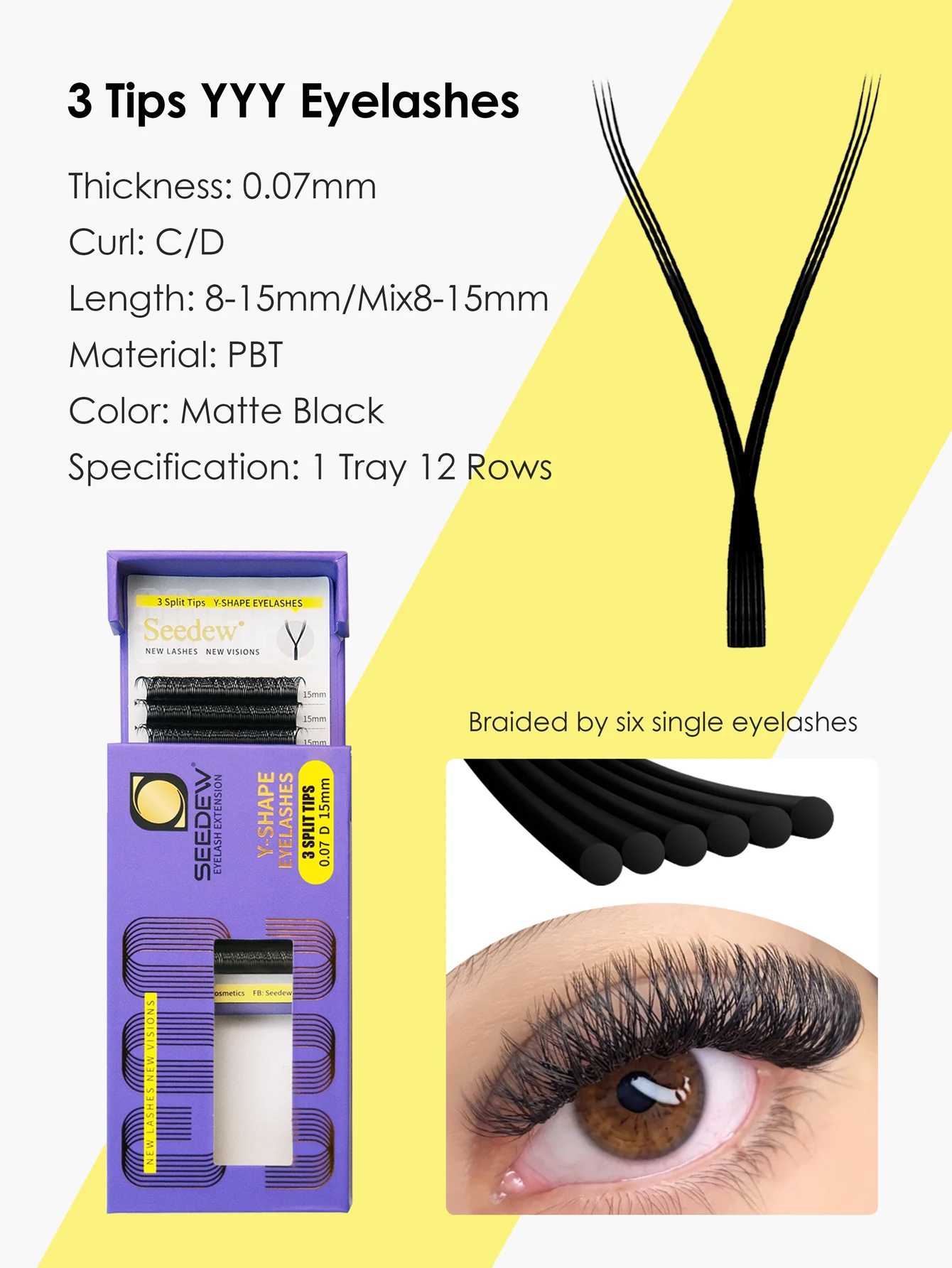 SEEDEW Three Tips Y Lahses YYY Hand Woven Premium 12Rows Soft Light Natural YY Eyelash Extensions Cross False Individual Lash