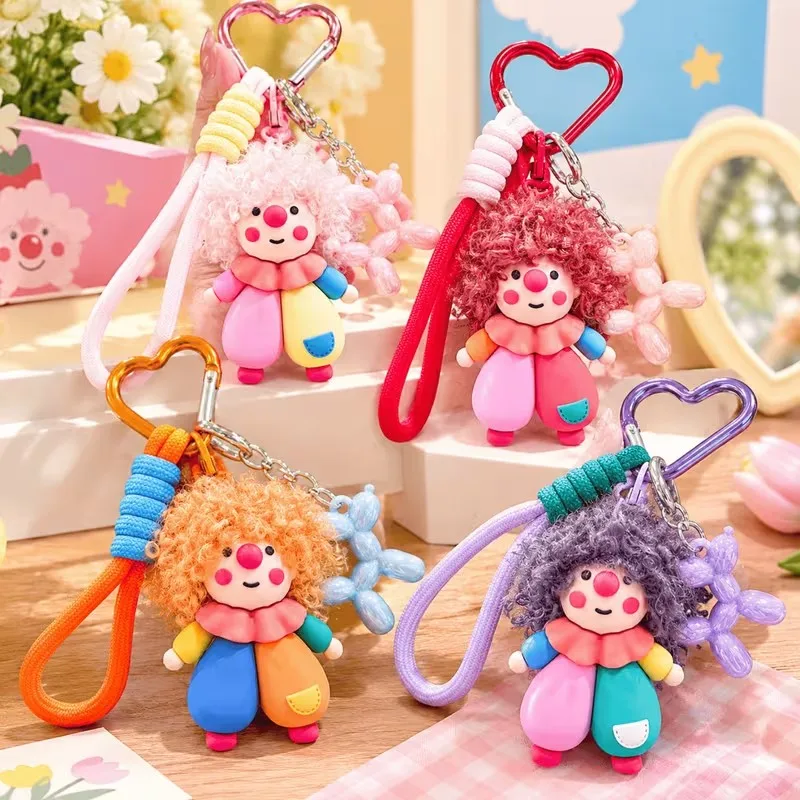 1pcs Dopamine Style Clown Doll Keychain Cartoon Curly-Haired Clown Keychain Car Key Ring & Party Small Gift Women's Bag Charm
