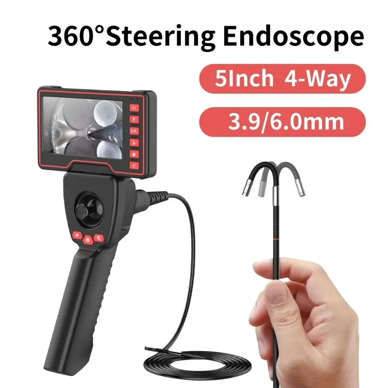 Steering Industrial Endoscope Camera 360° 3.9/6.0mm Lens 5 Inch HD Screen Flexible Car Engine Sewer Inspector 1080P 32G Card