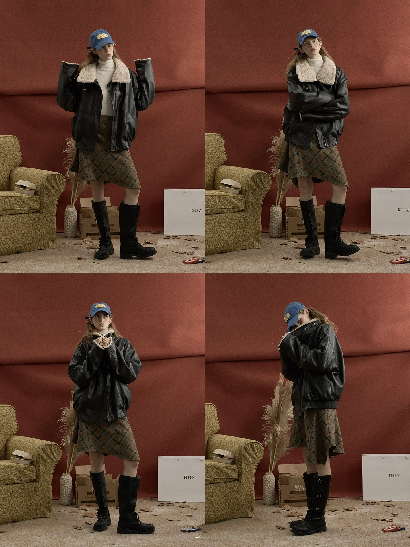 Women's Fce Lined Stand Collar Leather Jaet Vintage Sle mid Length Zipper Closure Long Sve Autumn Winter New Arrival