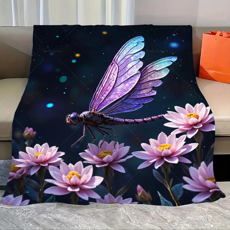 

1pc Flannel Blanket Starry Night Dragonfly & Lotus Flowers Soft Cozy Blanket