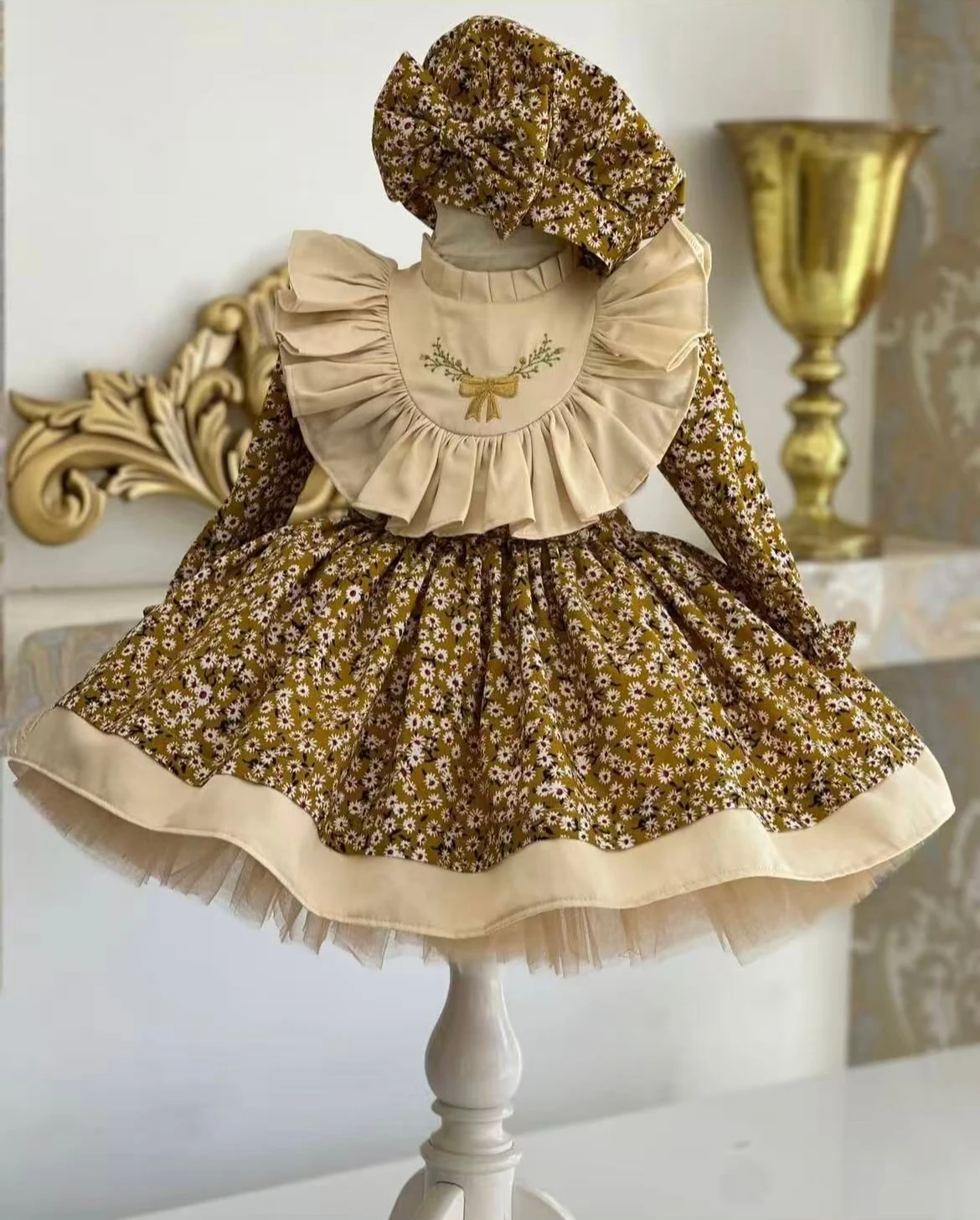 

0-12Y Baby Girl Autumn Embroidery Brown Floral Dress With Hat Vintage Princess Dress for Birthday Photography Holiday Eid C208
