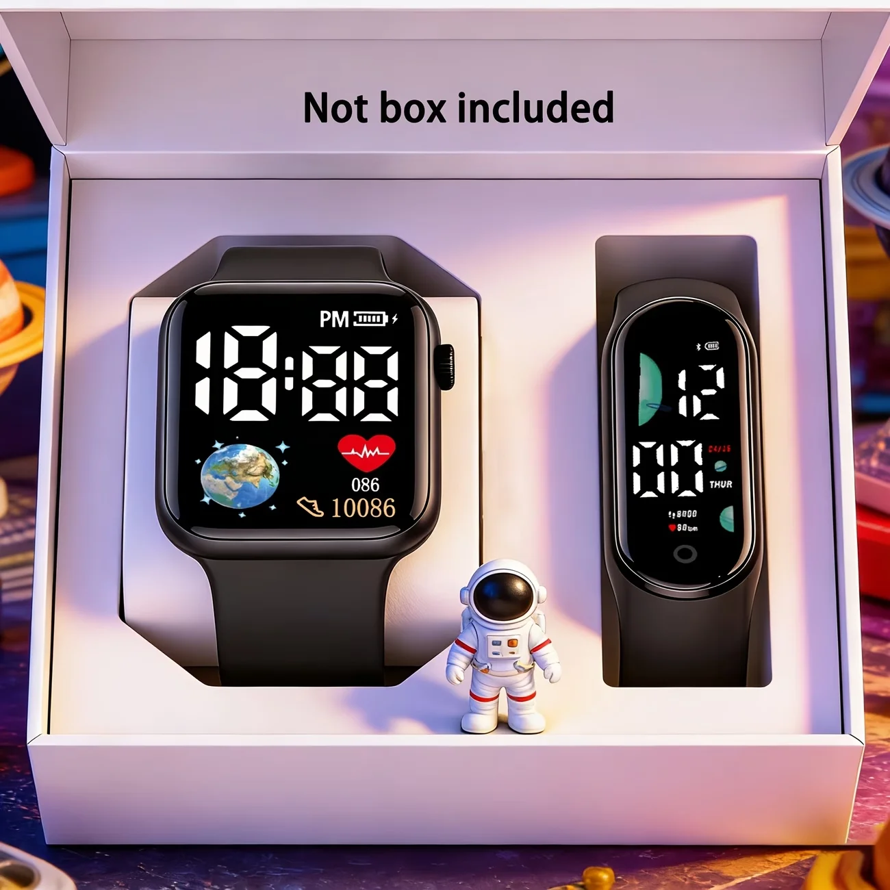 

Unisex Digital Watch Combo, Space-Themed LED Display Wristwatch, 2 Styles (Square & Bracelet), Lightweight Silicone Band for Stu