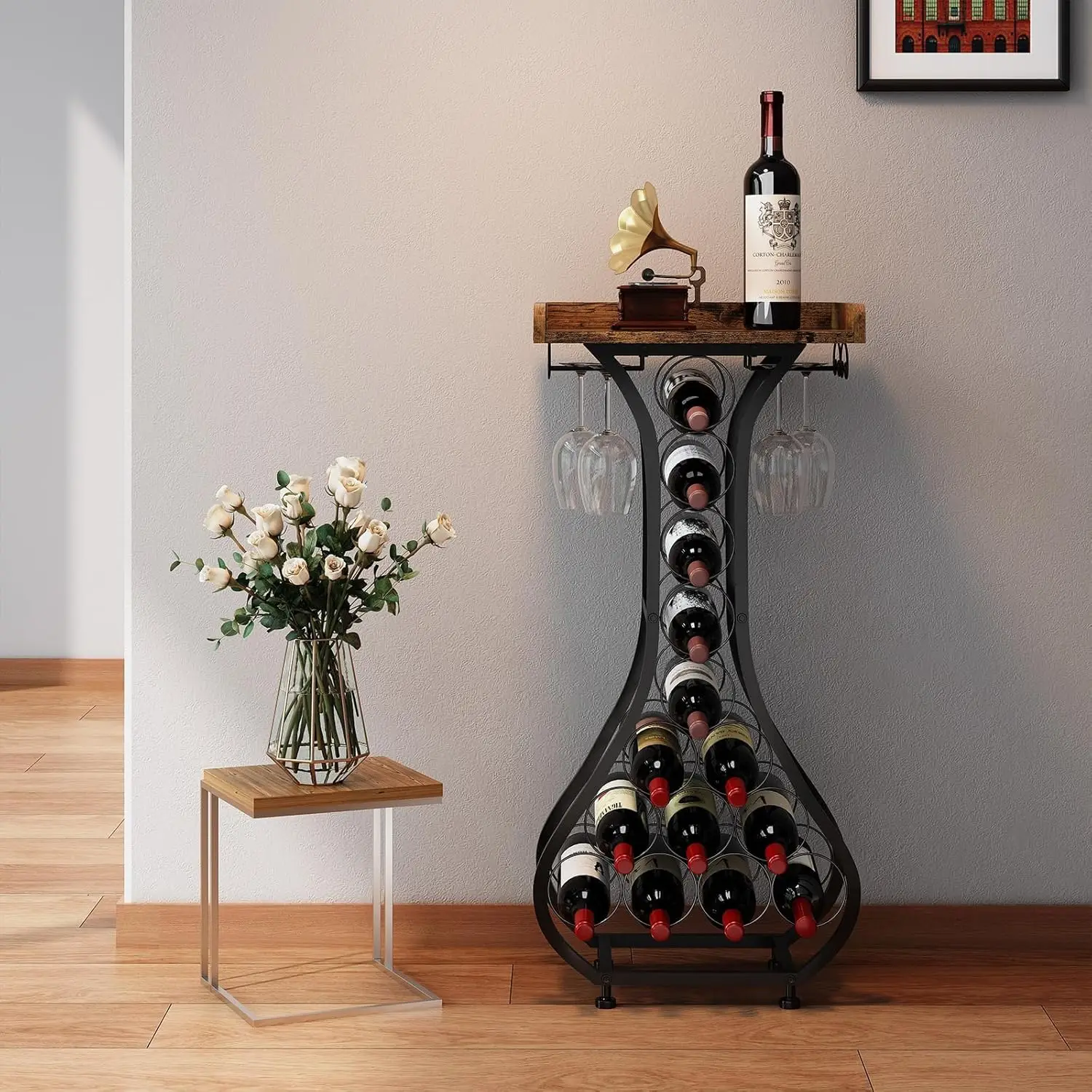 

Wine Rack Freestanding Floor, Mini Bar Table Wine Holder Stand Liquor Cabinet with Glass Holder Wood Tabletop 14 Bottles Floor