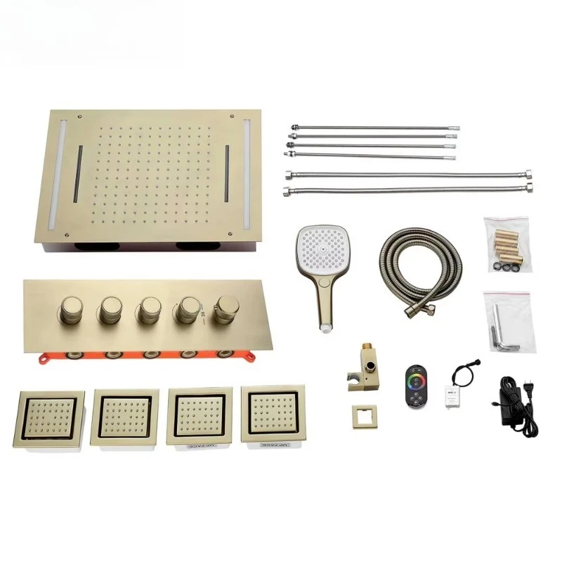 Luxury Concealed Shower Set Waterfall Overhead Shower Ceramic Solid Brass Brushed Gold Finish Suitable for Hotel Villa Bathrooms