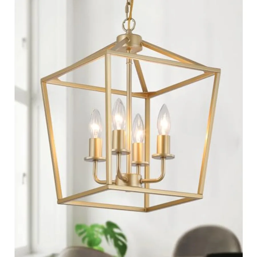 

Industrial 4 Lights Chandelier, Lantern Ceiling Light Fixtures with Rustic Metal Cage Adjustable Height Farmhouse Geometric Han