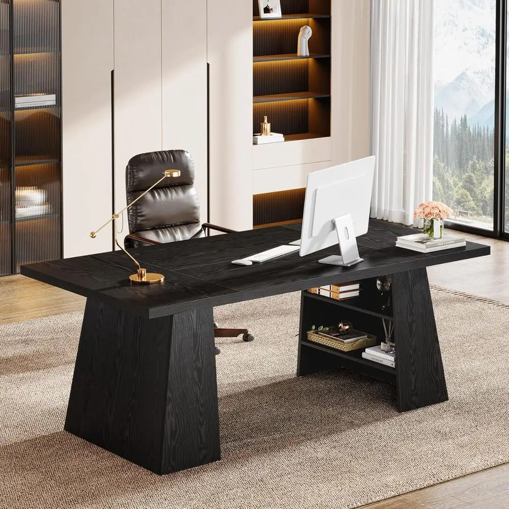 

Рабочий стол Executive Double Pedestal 63 с двумя опорами и полками для хранения, элегантный черный офисный стол для компьютерных рабочих мест и конференц-залов