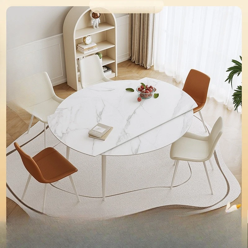 Rock slab dining table and chair combination modern simple light luxury white cream style small apartment folding retractable