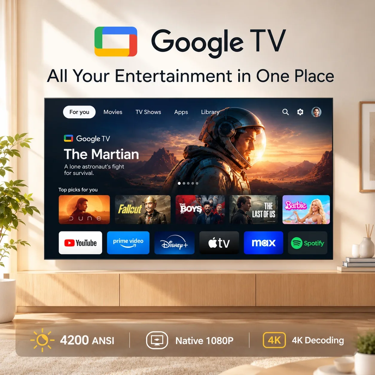 S7 4200ANSI Projector Smart 4k Decoding Google TV Native 1080P TOF Auto Focus Dual Speakers Home Theater Daytime Movie Projector