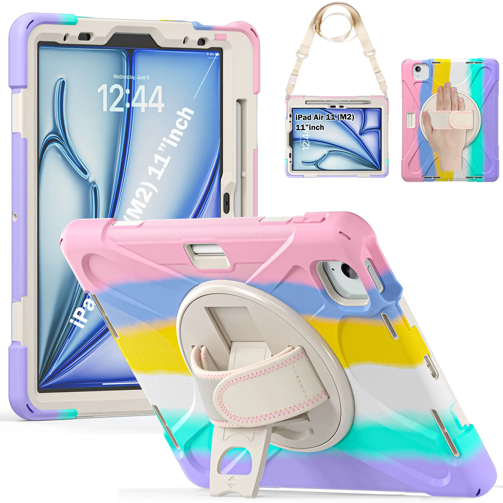 360 Rotating Stand Case Universal For iPad Air 11 2026 M4 2025 M3 2024 M2 Pro 11 2018-2022 Air 4 5 Hybrid Cover Shoulder Strap