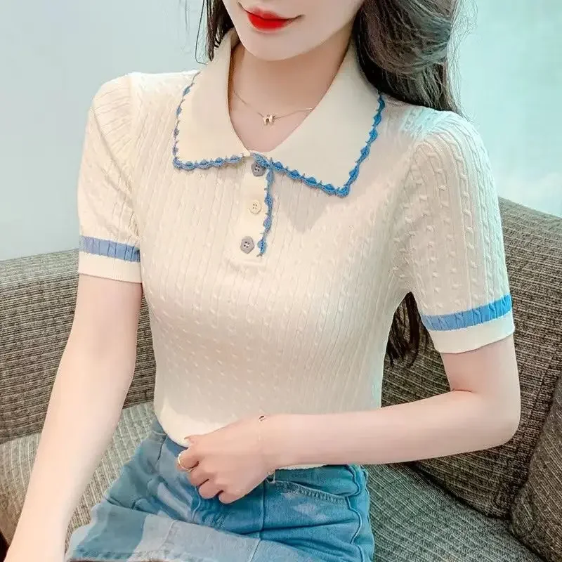 

Ice Silk Polo Shirt Golf Women Summer Short-sleeved Knitwear T-shirt Thin Sweet Slim Short Knit Tops Buttons Patchwork Tees Chic