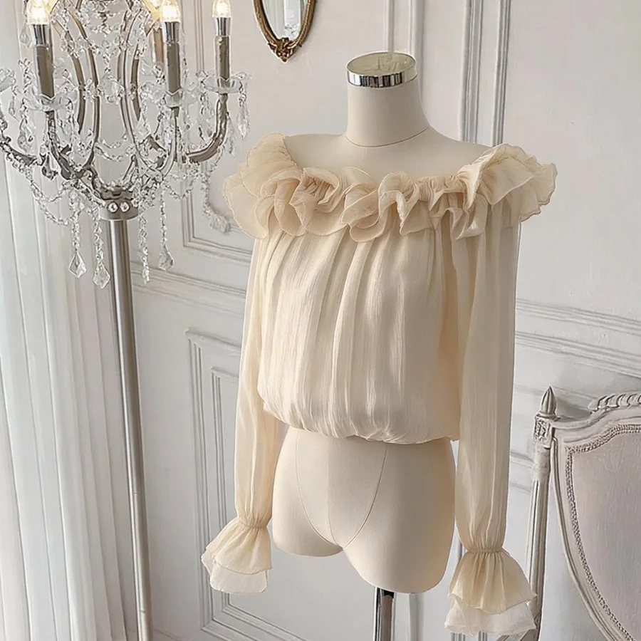 Fashionable Sweet One-Shoulder 3D Lace Trim Fairy Long Sleeve Chiffon Top Small Shirt Korean Style Bell Sleeve Regular Length