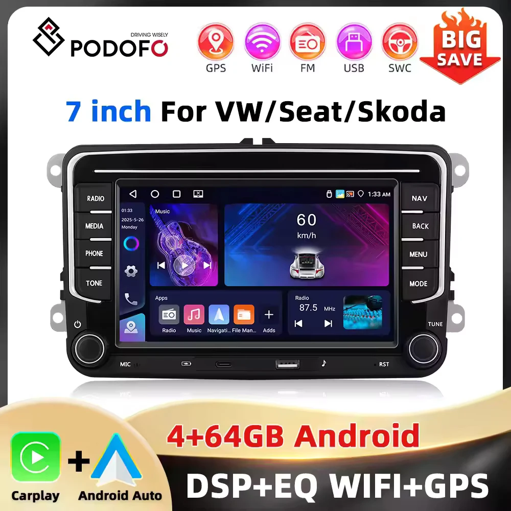 Podofo 4+64G 7'' Radio samochodowe do VW/PASSAT/GOLF/POLO/EOS Odtwarzacz multimedialny Type-C EQ Carplay Android Auto WIFI GPS RDS Car Stereo