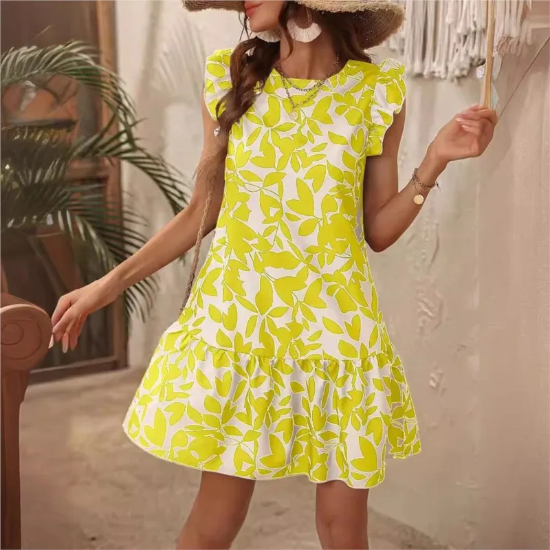 Summer Women Print Dress Fahsion O Neck Sleeveless Ruffles Loose Casual Dresses Female Elegant Office Beach Party Dress New 2025