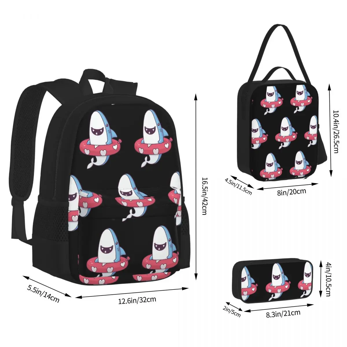 Shark Summer Fun Backpacks Boys Girls Bookbag Students School Bags Kids Rucksack Lunch Bag Pen Bag Three-Piece Set