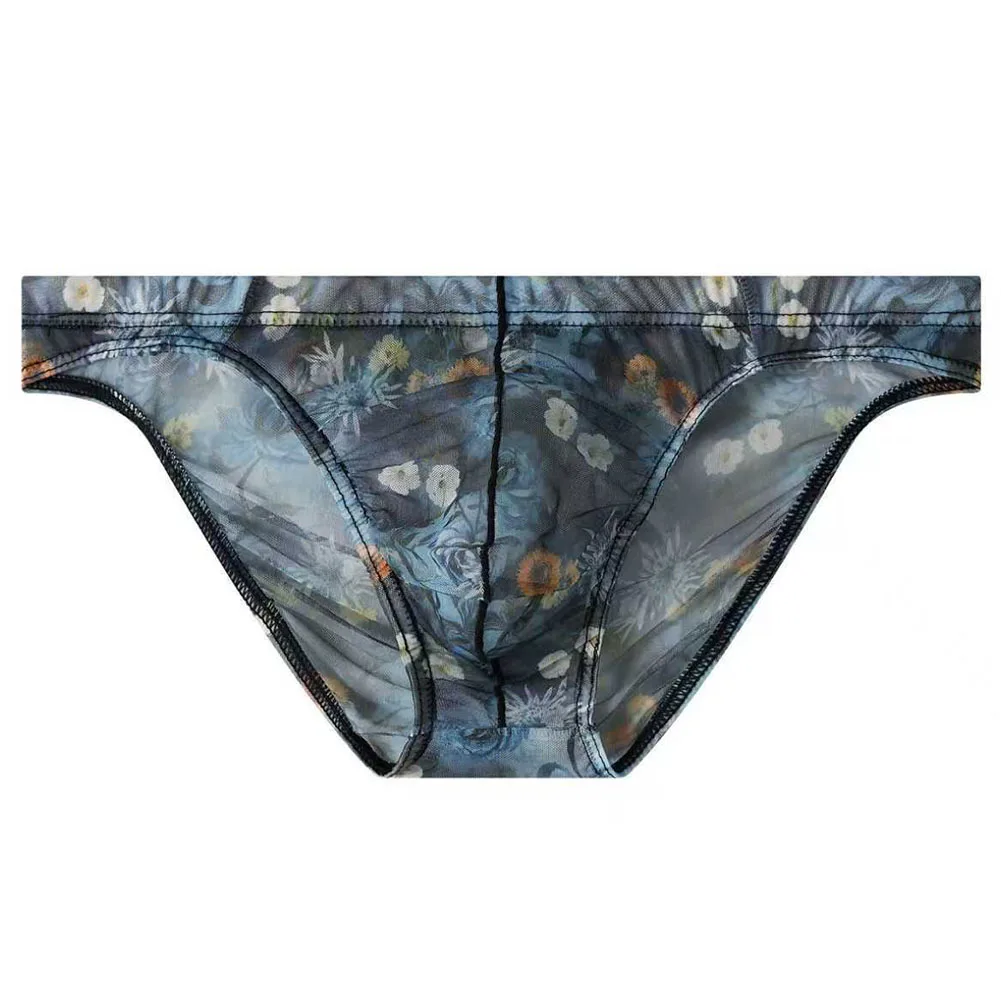Sexy Underwear Men's Translucent Mesh Printed Briefs Middle Rise Breathable U Convex Pouch Panties For Male