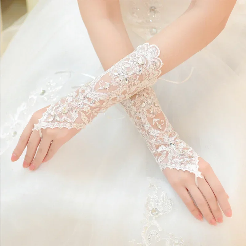 White Fingerless Rhinestone Lace Bridal Wedding Gloves Wedding Accessories