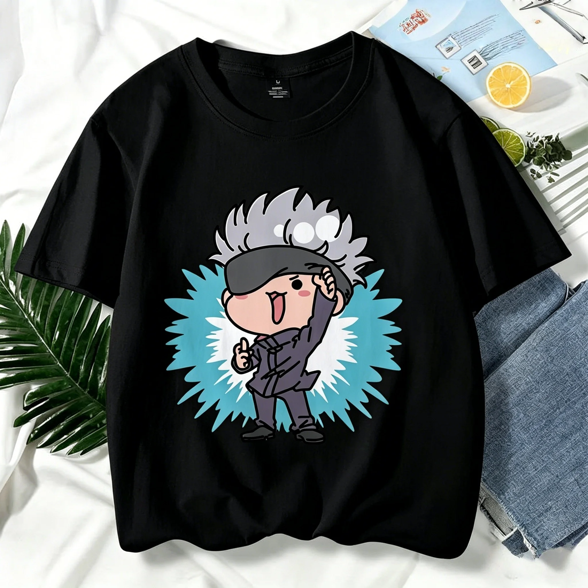 Hot Premium Jujutsu Kaisen Chibi Gojo Satoru Funny Dual Gesture Harajuku Kawaii Soft Cotton Crewneck Unisex Cute Anime Tee
