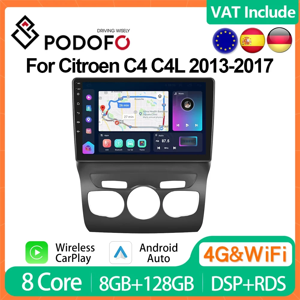 Podofo 8G+128 Android CarPlay For Citroen C4 2 B7 2013-2016 Car Radio Multimedia Player 2din Head Unit 4G HiFi Stereo Receiver