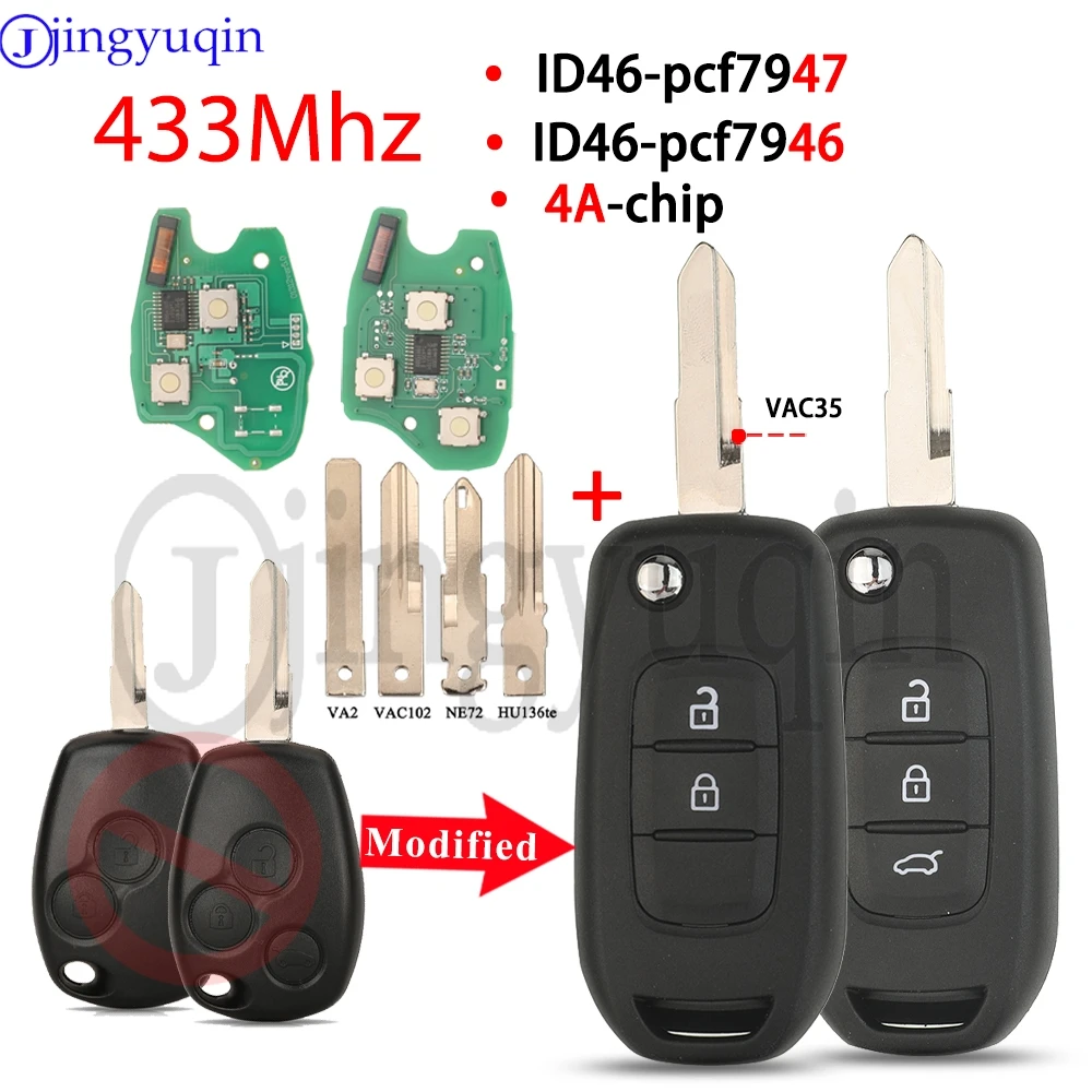 Jingyuqin 433MHz Modified Flip Car Remote Key For Renault Logan Master Twingo Clio Kangoo Modus Trafic Dacia Nissan ID46 4A Chip